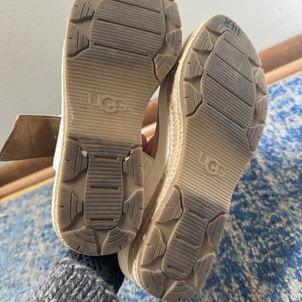 UGG April Espadrille Cream Leather Open Toe Platform Buckle Sandal Shoe 10.5